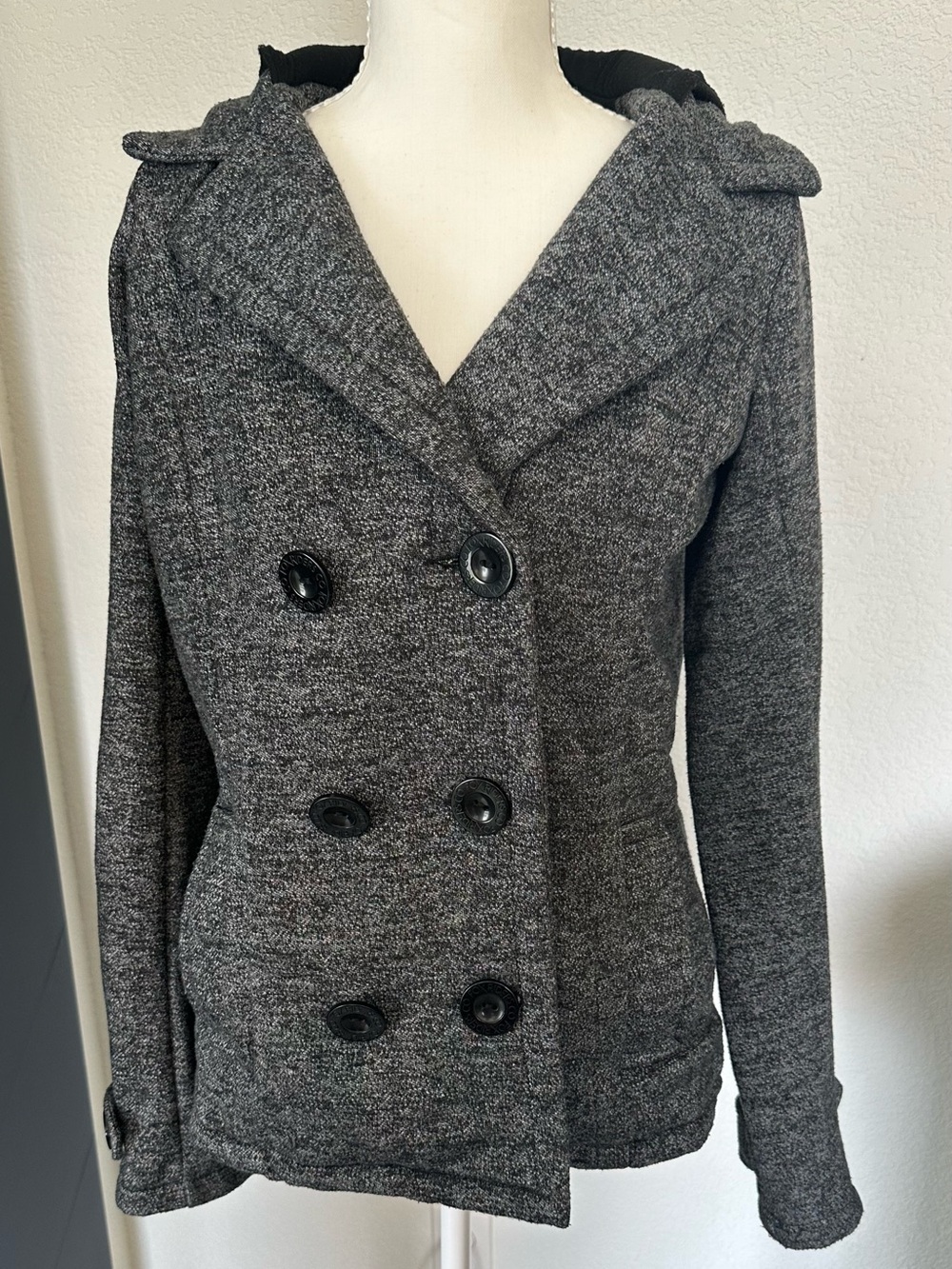 Fox Heather Gray Double-Breasted Peacoat with Hood